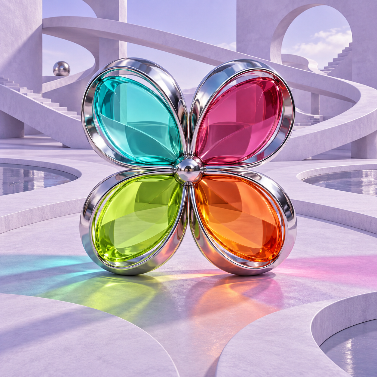 Four transparent colored petals held by chrome rings