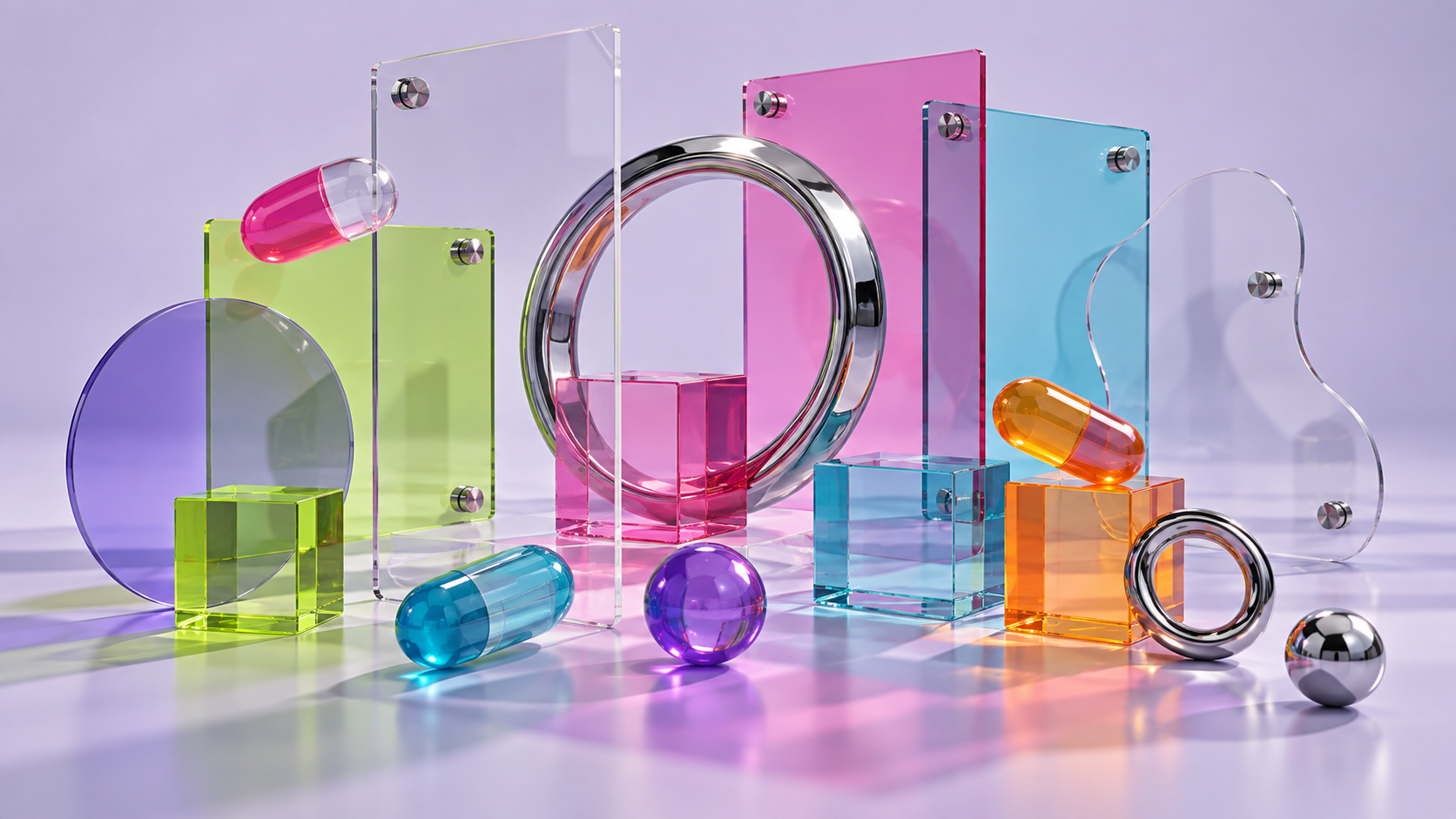 Transparent colored panels, chrome rings, cubes and capsules in a bright studio installation